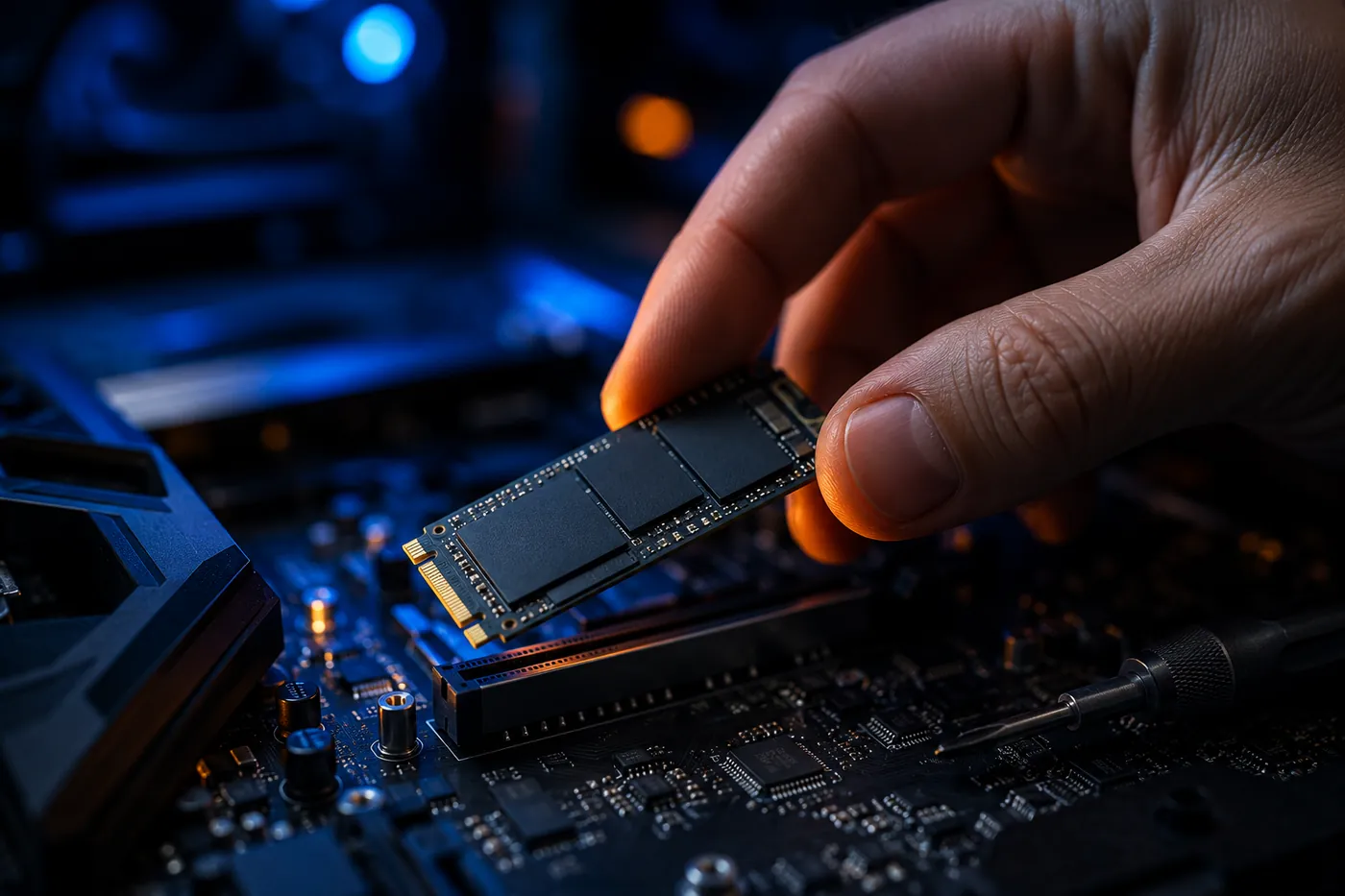 Techniker setzt eine neue M.2-SSD in das Mainboard eines PCs ein