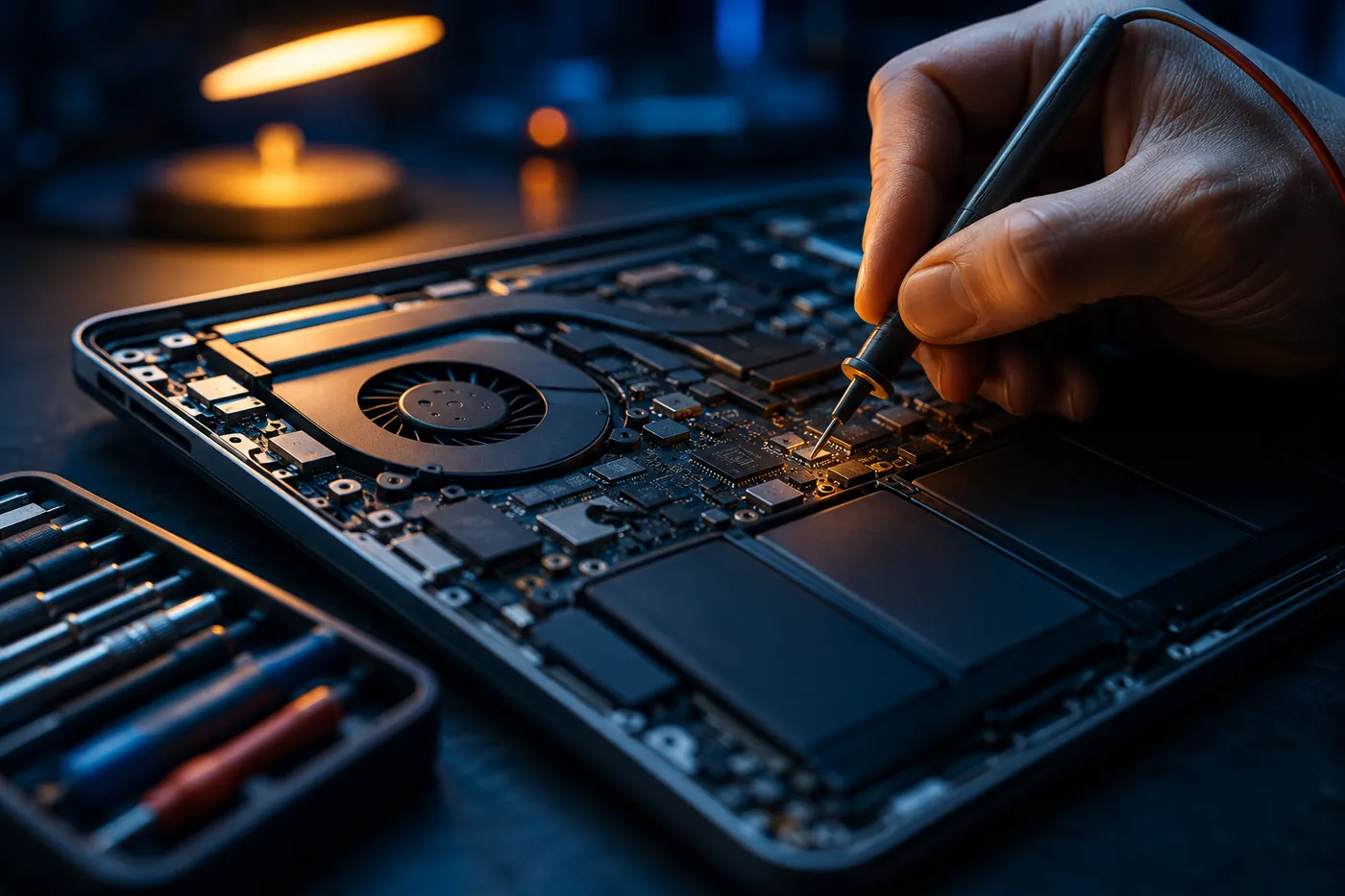 Techniker prüft mit einer Messspitze die Platine eines geöffneten Laptops