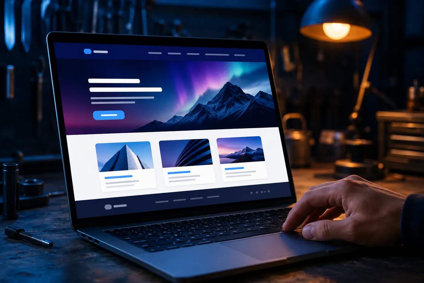 Laptop mit einer Unternehmens-Webseite auf dem Werkstatt-Tisch